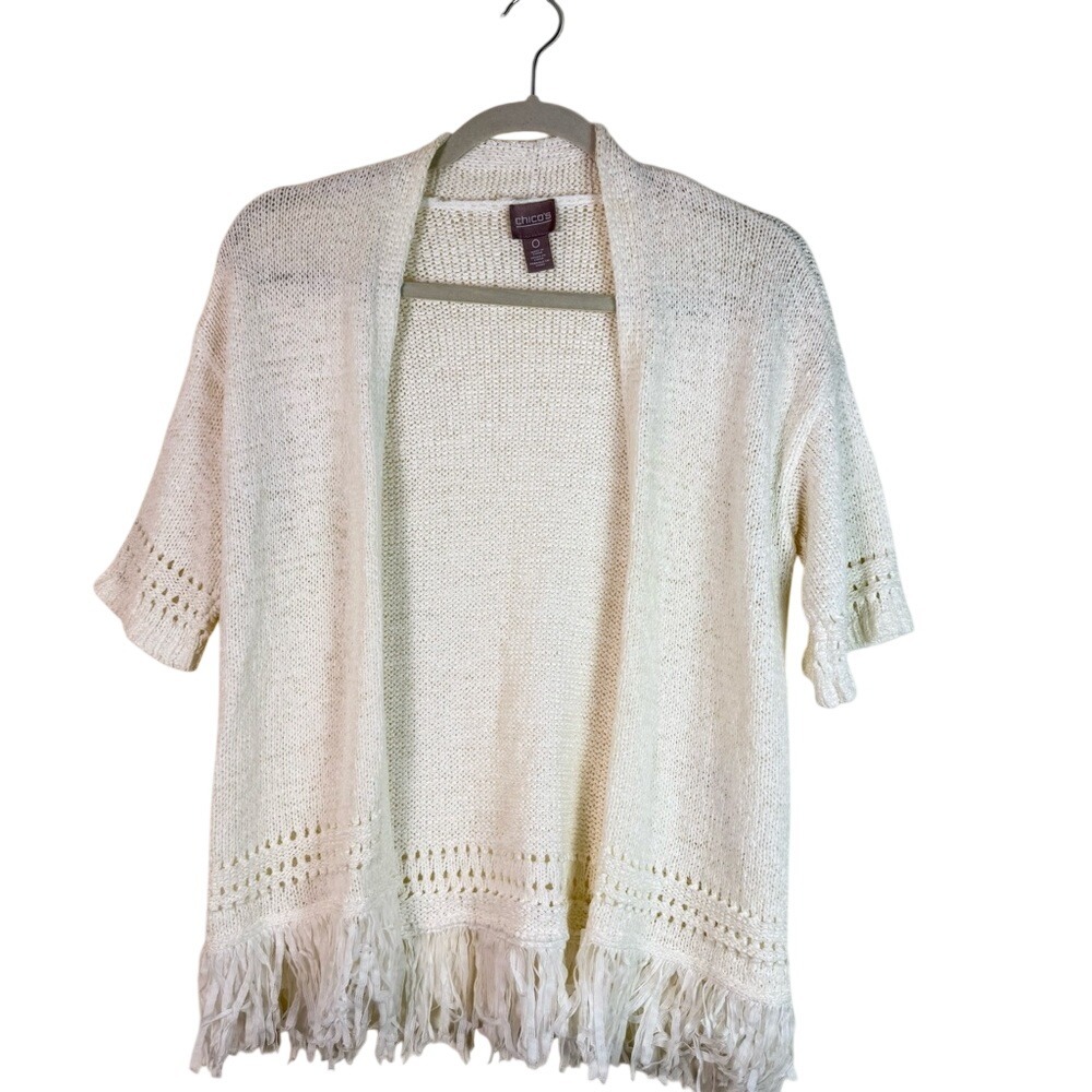 Chico's Womens Cream Fringe Open Cardigan Shrug Size 0 Woven Y2K Eyelet Casual